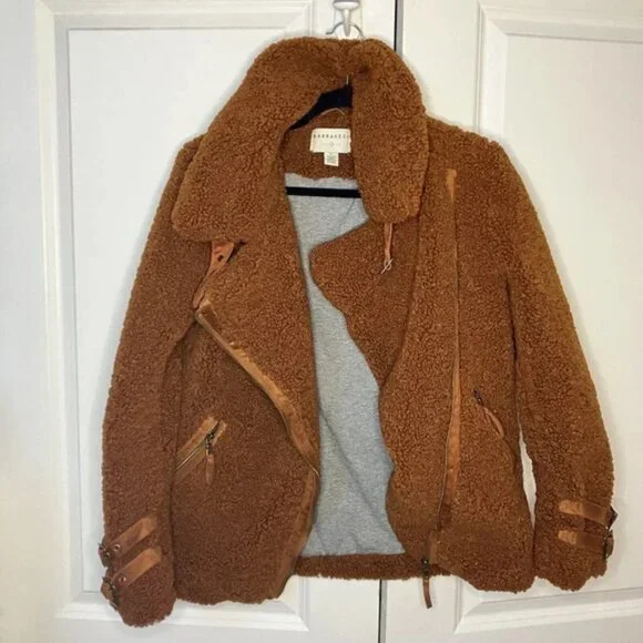 Anthropologie Marrakech Fuzzy Teddy Tan Brown Aviator Moto Style Jacket XS - Picture 7 of 9